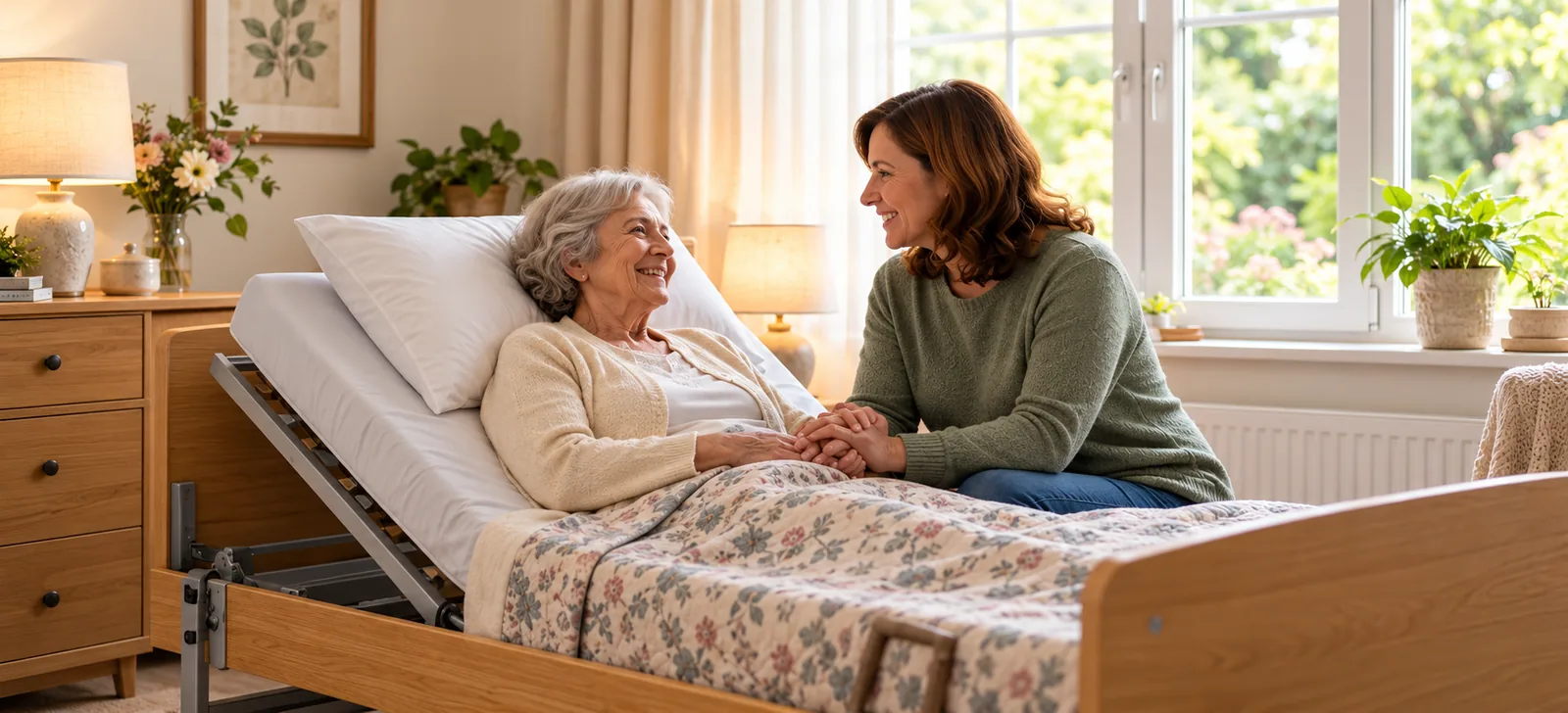 Senhora numa cama articulada em casa, a conversar com uma familiar