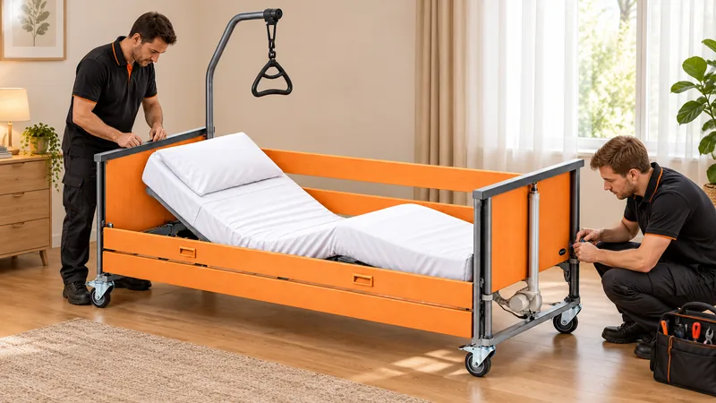 Dois técnicos da Vilsad a montar uma cama articulada num quarto